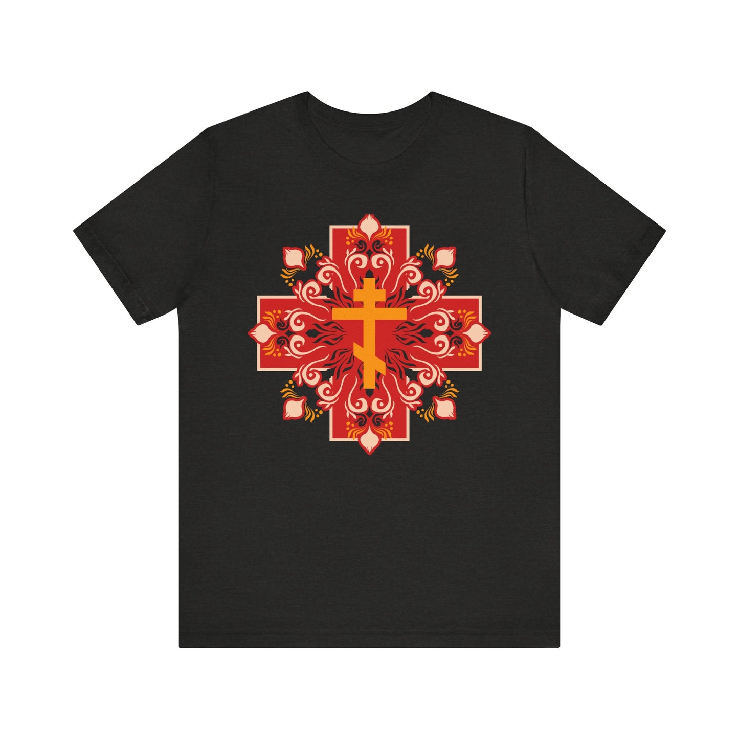 Black Heather tee featuring an orange & red Orthodox cross in a festive style, inspired by 1 Peter 2:24—“By His wounds you have been healed.” Lightweight cotton unisex fit.