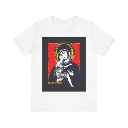 White "Beyond Compare More Glorious Than the Seraphim" t-shirt featuring a Vladimir Theotokos icon with halo and Orthodox Christian text above and below the image.
