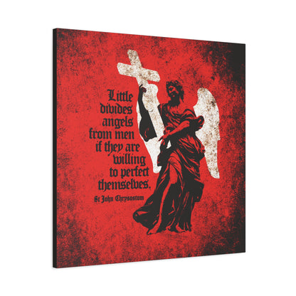 The "Little Divides Angels from Men | Christian Perfection" canvas art features St John Chrysostom's quote on a textured cemetery angel, offering Orthodox Christian inspiration for your faith and home.