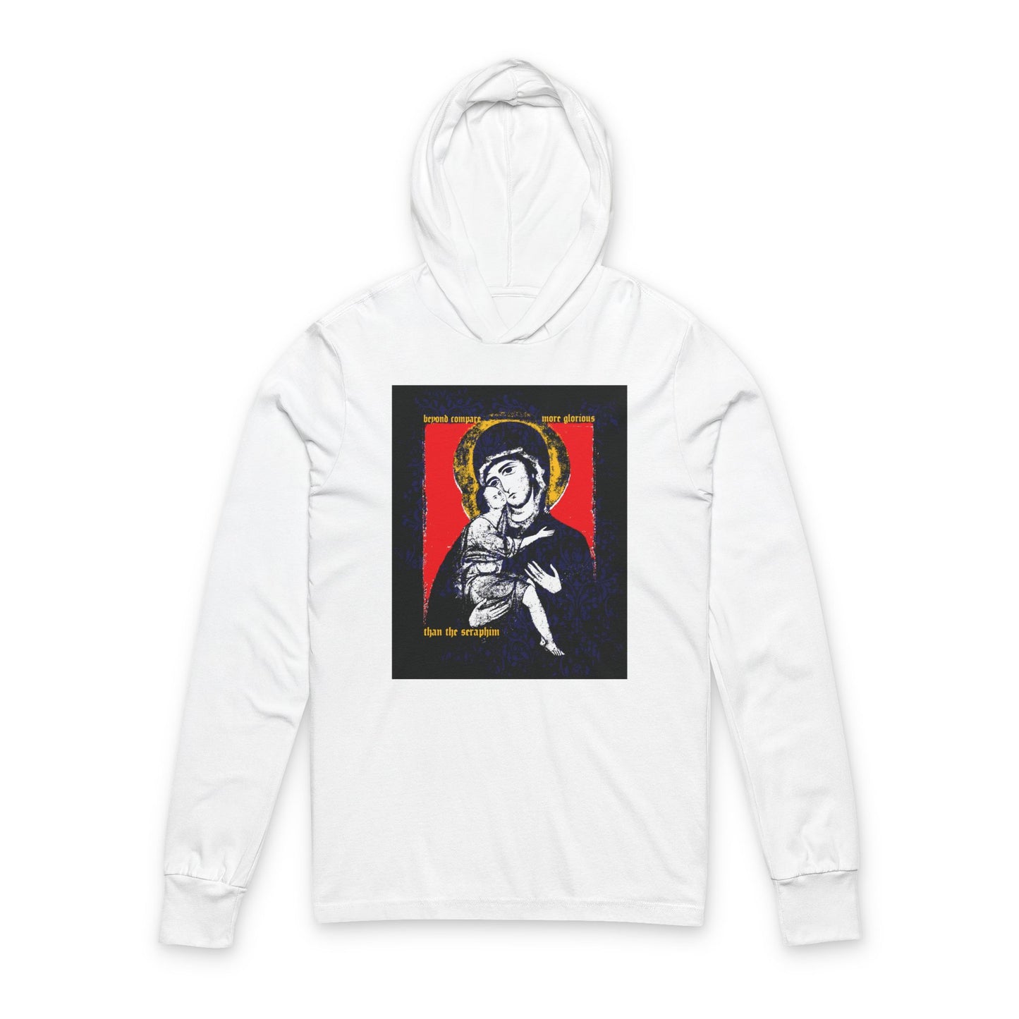 Beyond Compare More Glorious Than the Seraphim | Vladimir Theotokos Iconographic | Orthodox Long Sleeve Hooded Shirt