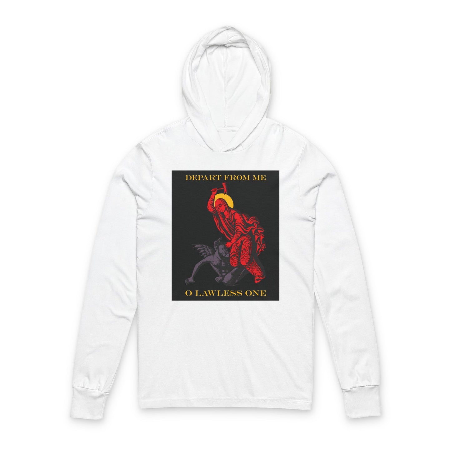 St Marina IconoGraphic (Depart from Me O Lawless One) | Saint Beating the Devil with a Hammer | Orthodox Long Sleeve Hooded Shirt