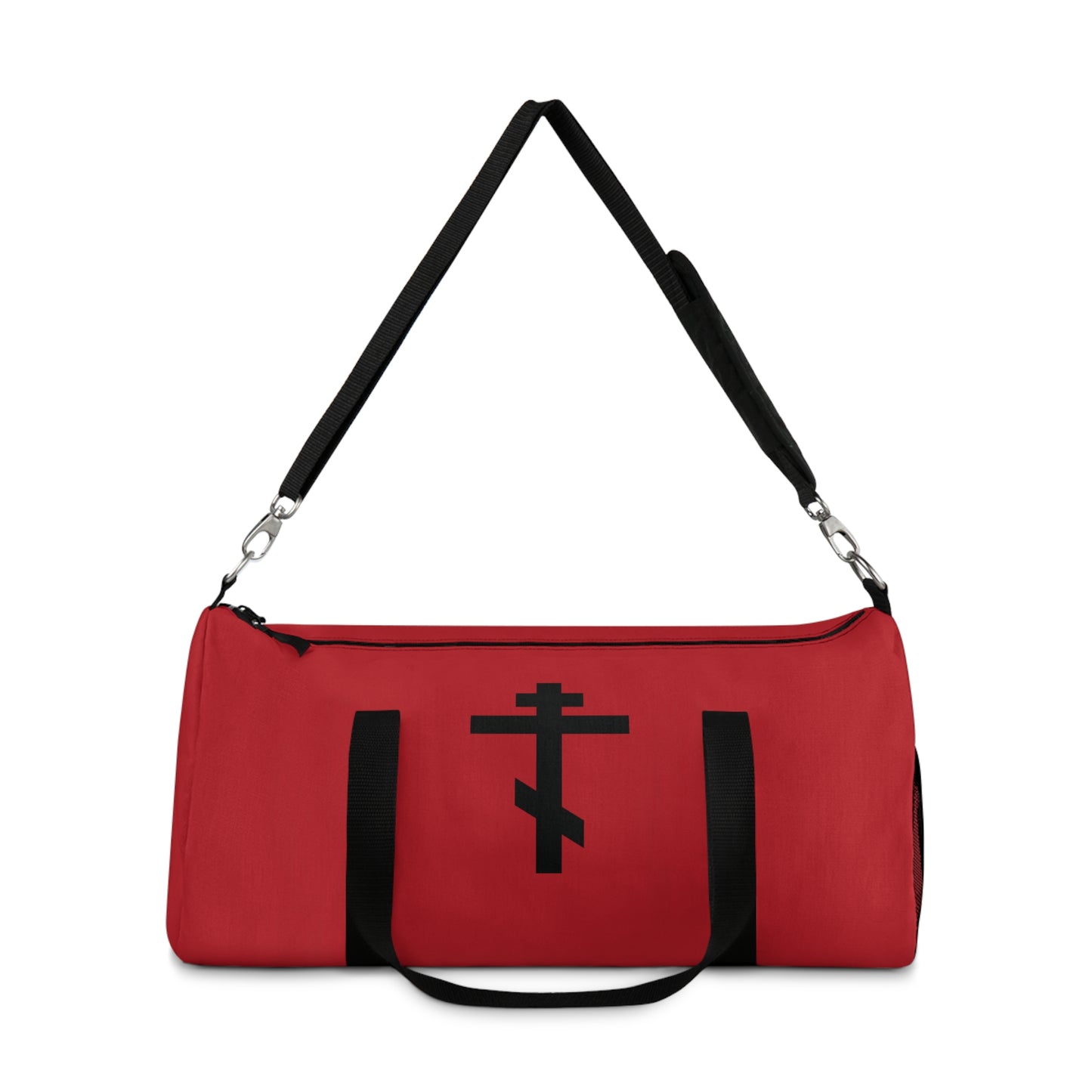Black Orthodox Cross on Red Background | By His wounds you have been healed | Orthodox Christian Gym Duffel Bag