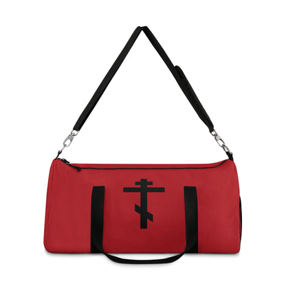 Black Orthodox Cross on Red Background | By His wounds you have been healed | Orthodox Christian Gym Duffel Bag
