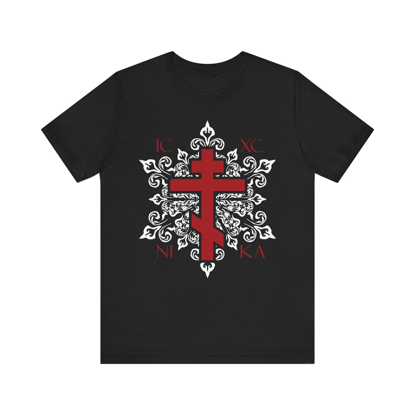 The black ICXC/NIKA unisex t-shirt features a red Orthodox cross and ornate white medieval floral design—a best-selling lightweight cotton tee for expressing Orthodox Christian faith.