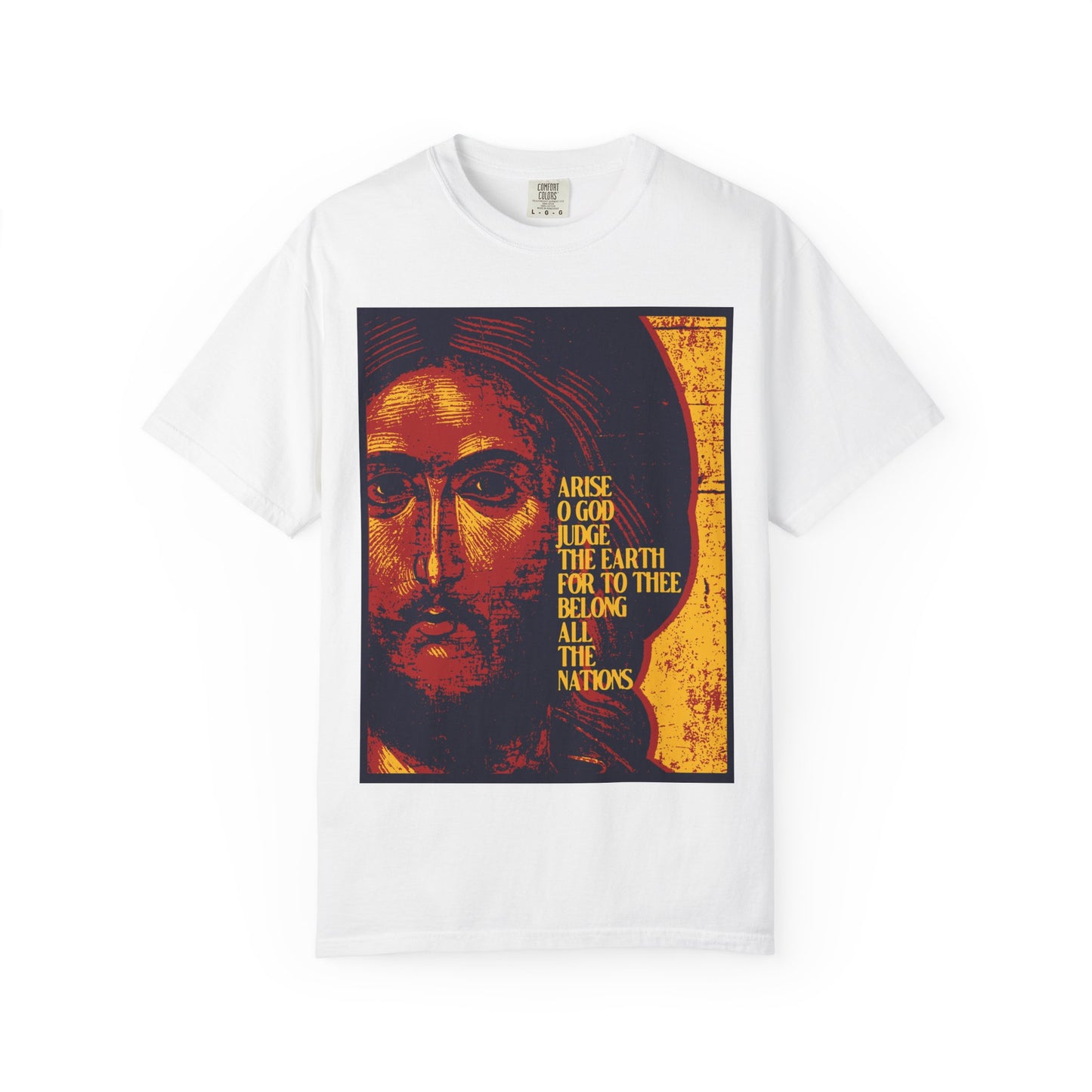 White “Arise, O God, Judge the Earth | Psalm 81” heavyweight cotton unisex t-shirt featuring a posterized iconographic design of Jesus Christ and the inscription: “ARISE O GOD, JUDGE THE EARTH, FOR TO THEE BELONG ALL THE NATIONS,” inspired by Orthodox Christian tradition—a powerful reminder that all nations belong to our Lord.