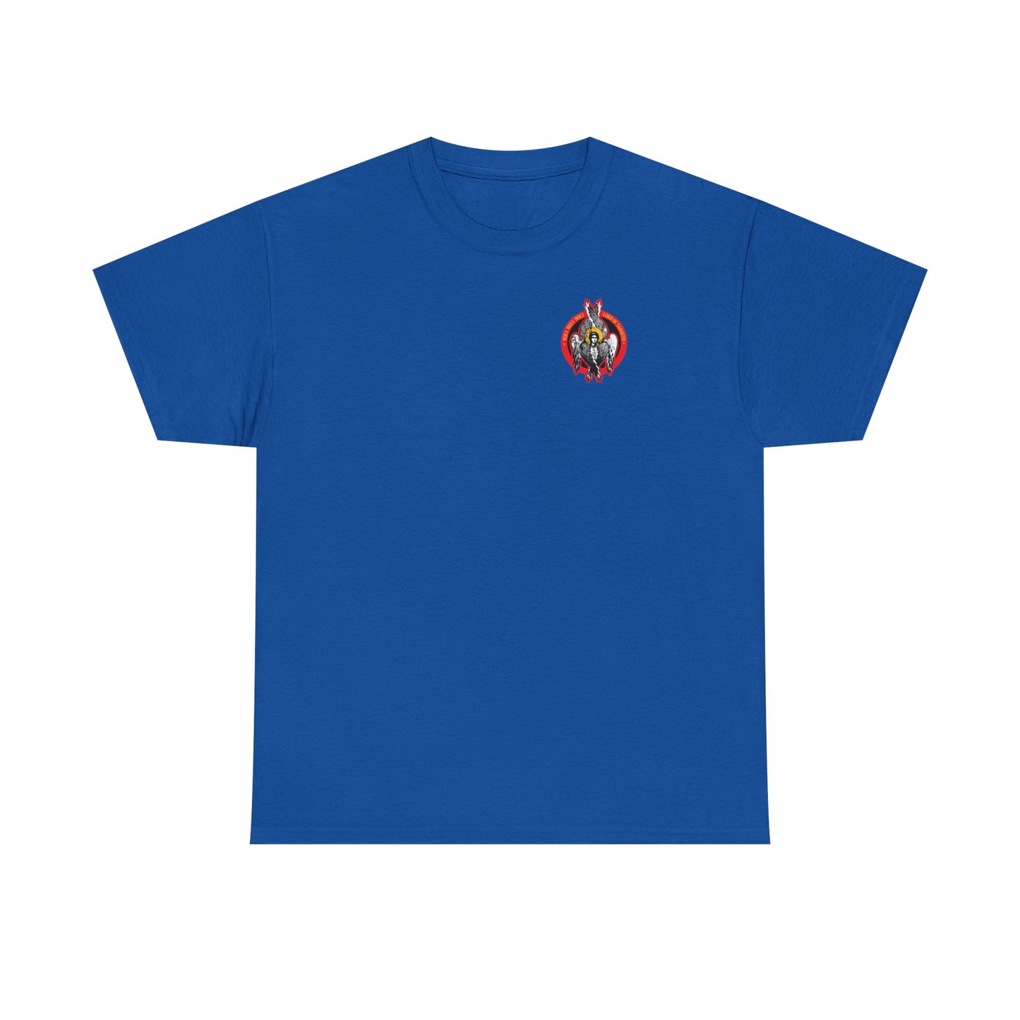 Royal t-shirt featuring a small Seraphim angel icono-graphic on the left chest, inspired by heavenly hosts and St John of Kronstadt. Midweight cotton unisex fit.
