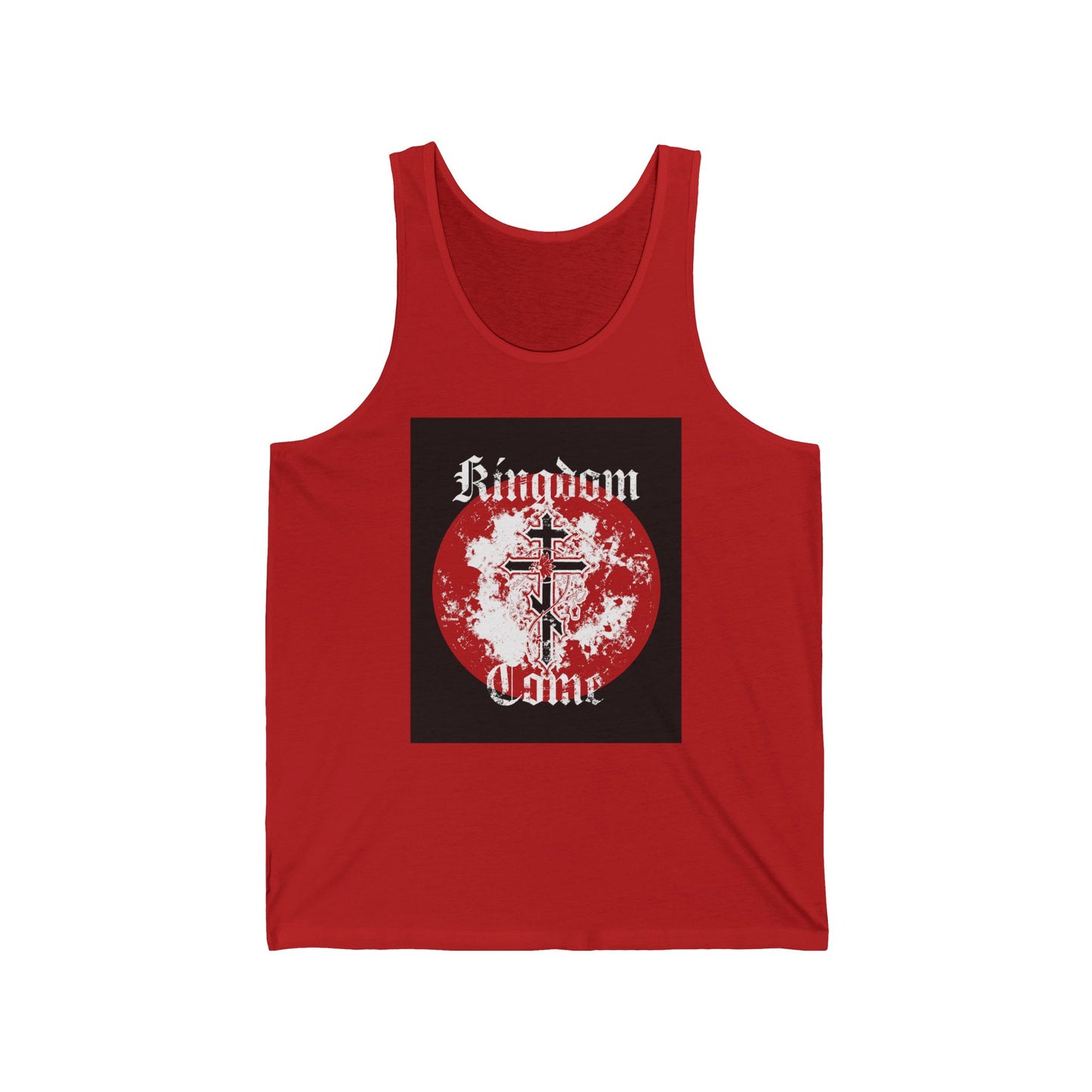 Kingdom Come | Lord's Prayer | Orthodox Cross with Vine | Textured Gothic Font | Orthodox Christian Cotton Tank Top