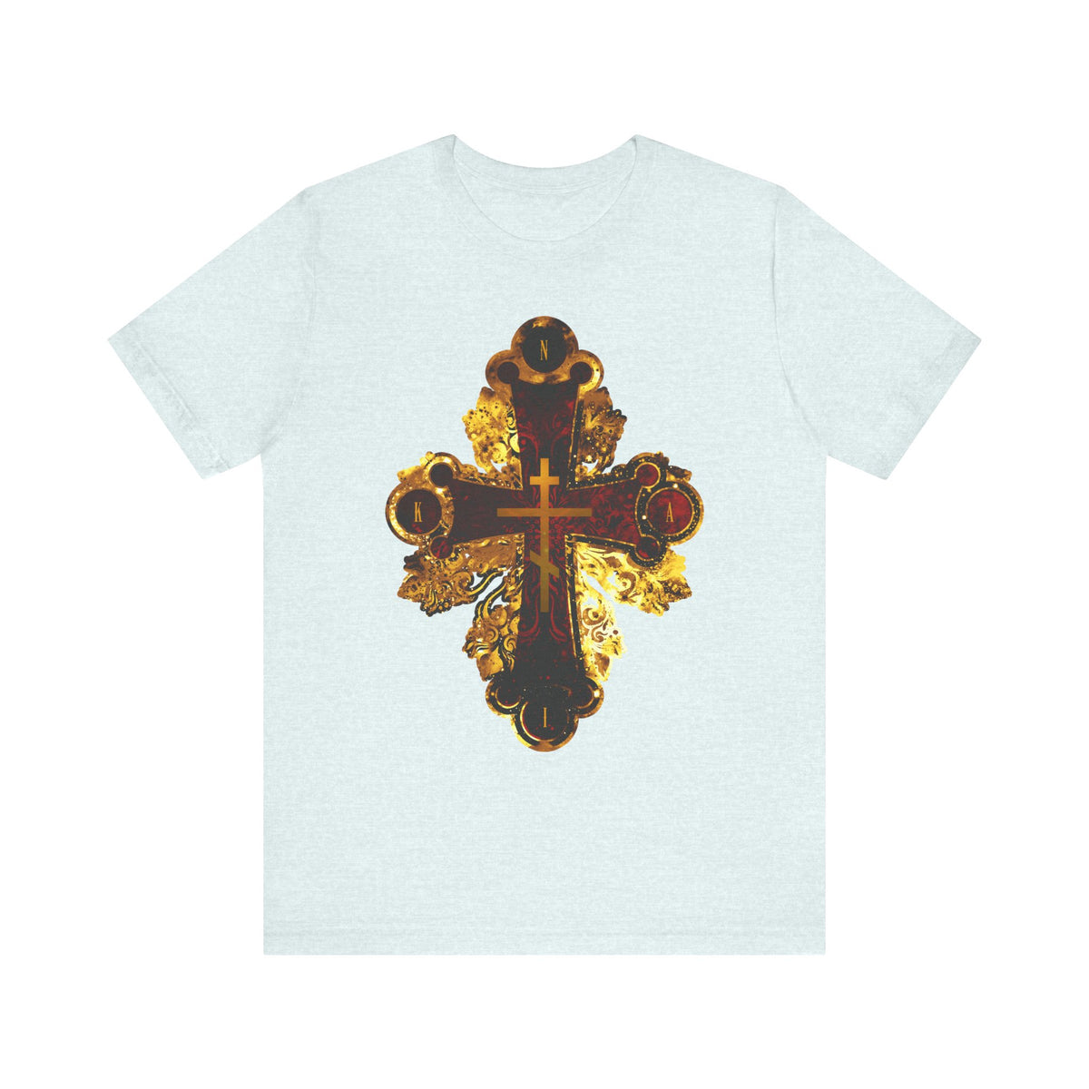 Heather Ice Blue t-shirt featuring an ornate metallic style Orthodox NIKA cross in red and gold texture at the center, inspired by the Sessional Hymn from Tone 3 Tuesday Matins.