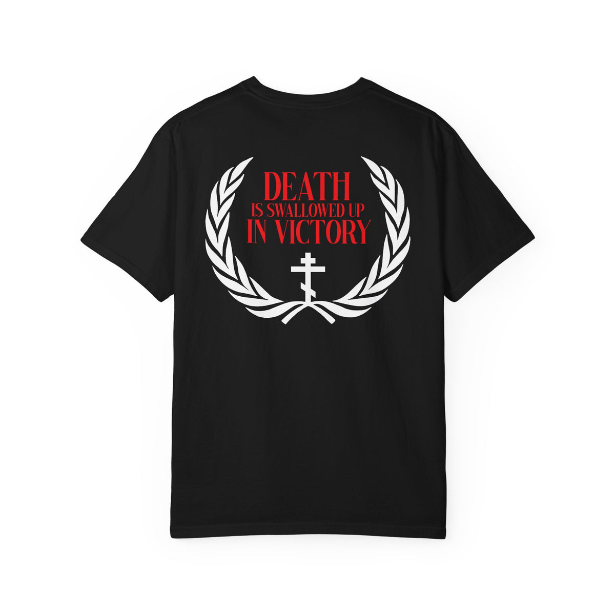 Archangel Michael of the Apocalypse Iconographic / Death is Swallowed Up In Victory DOUBLE-SIDED heavyweight cotton Orthodox unisex tee featuring a black base with a white laurel, cross, and red text—“Death is swallowed up in victory”—on the back, inspired by Revelation 12 and the Miracle of Archangel Michael.