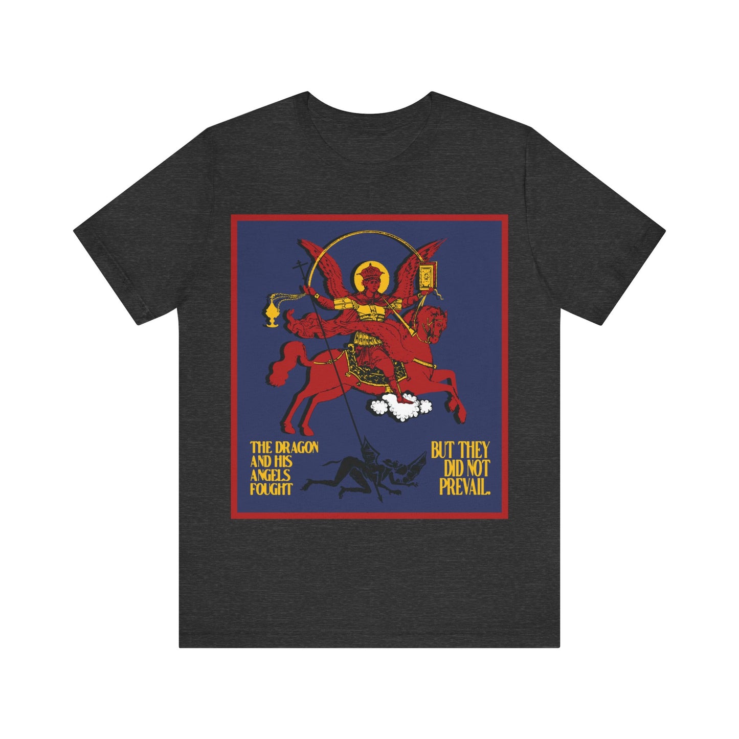 Archangel Michael of the Apocalypse IconoGraphic (Revelation 12:7-8) | Red Angel and Horse on Blue Background | Orthodox Christian T-Shirt