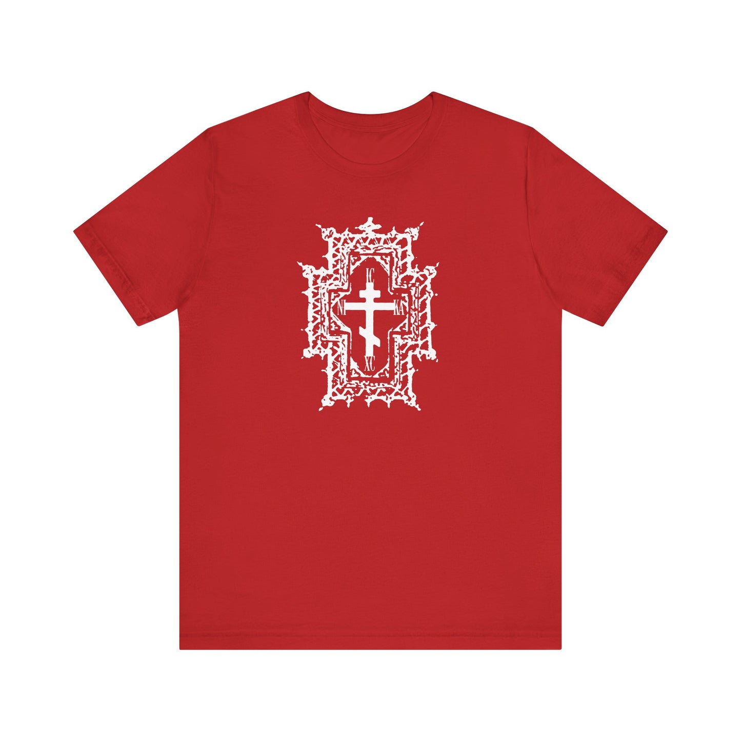 Red ICXC NIKA "Jesus Christ Conquers" tee featuring a gothic cathedral style Orthodox cross, crowned with "Healed By His Wounds" motif; lightweight cotton unisex fit.