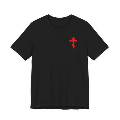 ICXC NIKA Red Orthodox Cross BACK w/ Red Cross on Front Left Breast | White Medieval Floral Design | Orthodox Christian Cotton T-Shirt