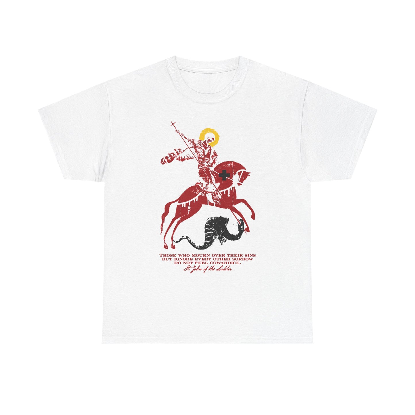 White “Those Who Mourn Over Their Sins” T-shirt featuring a striking red St George iconographic illustration of the saint slaying the dragon—an image capturing the proud, legendary spirit—printed above text, in unisex midweight cotton.