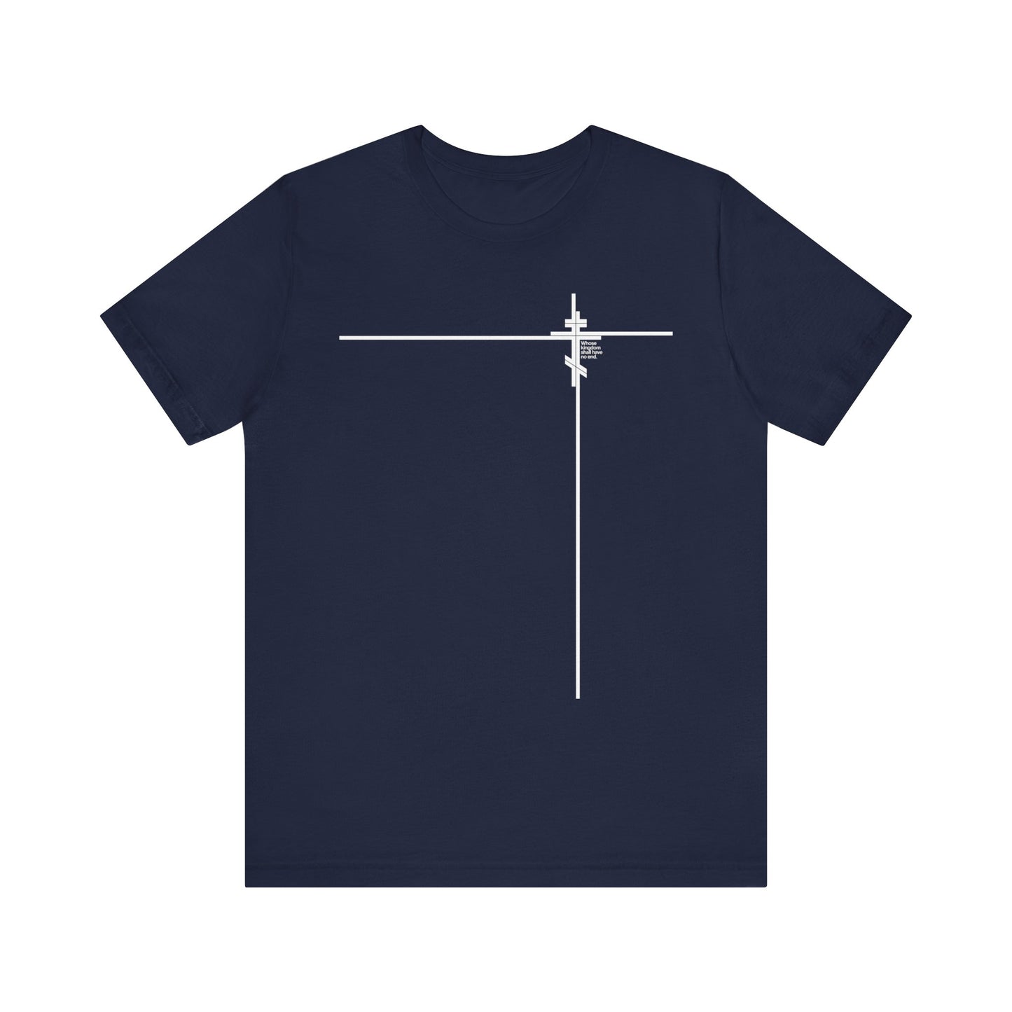 Whose Kingdom Shall Have No End (Small Design): a navy blue, lightweight cotton unisex t-shirt featuring a minimalist white Orthodox cross and geometric line logo on the upper left chest, inspired by Luke 1:32-33 and the enduring values of Orthodox doctrine.