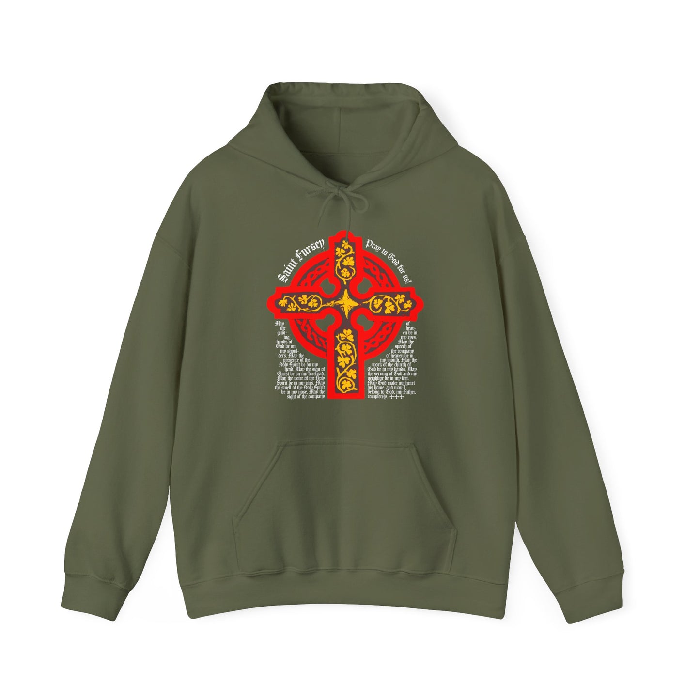 Military green hoodie with a red and yellow Celtic cross, featuring the Lorica Shield Prayer of St Fursey—honoring Irish Orthodox faith and Western Rite tradition.