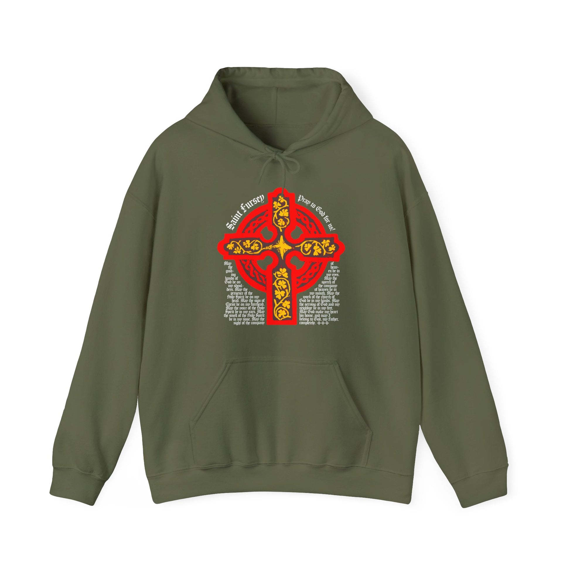 Military green hoodie with a red and yellow Celtic cross, featuring the Lorica Shield Prayer of St Fursey—honoring Irish Orthodox faith and Western Rite tradition.