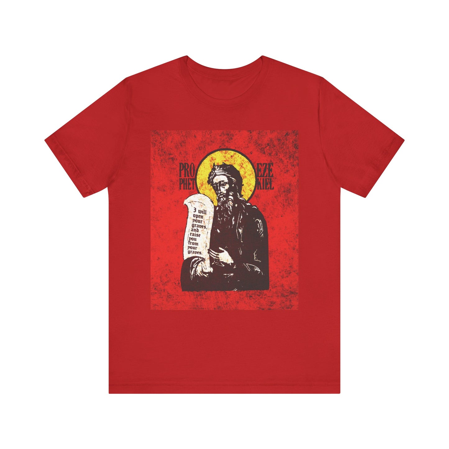 Bright red unisex cotton tee featuring a high-contrast illustration of Prophet Ezekiel with a halo and scroll, inspired by the Old Testament scene where the Spirit of the Lord brings life to dry bones.