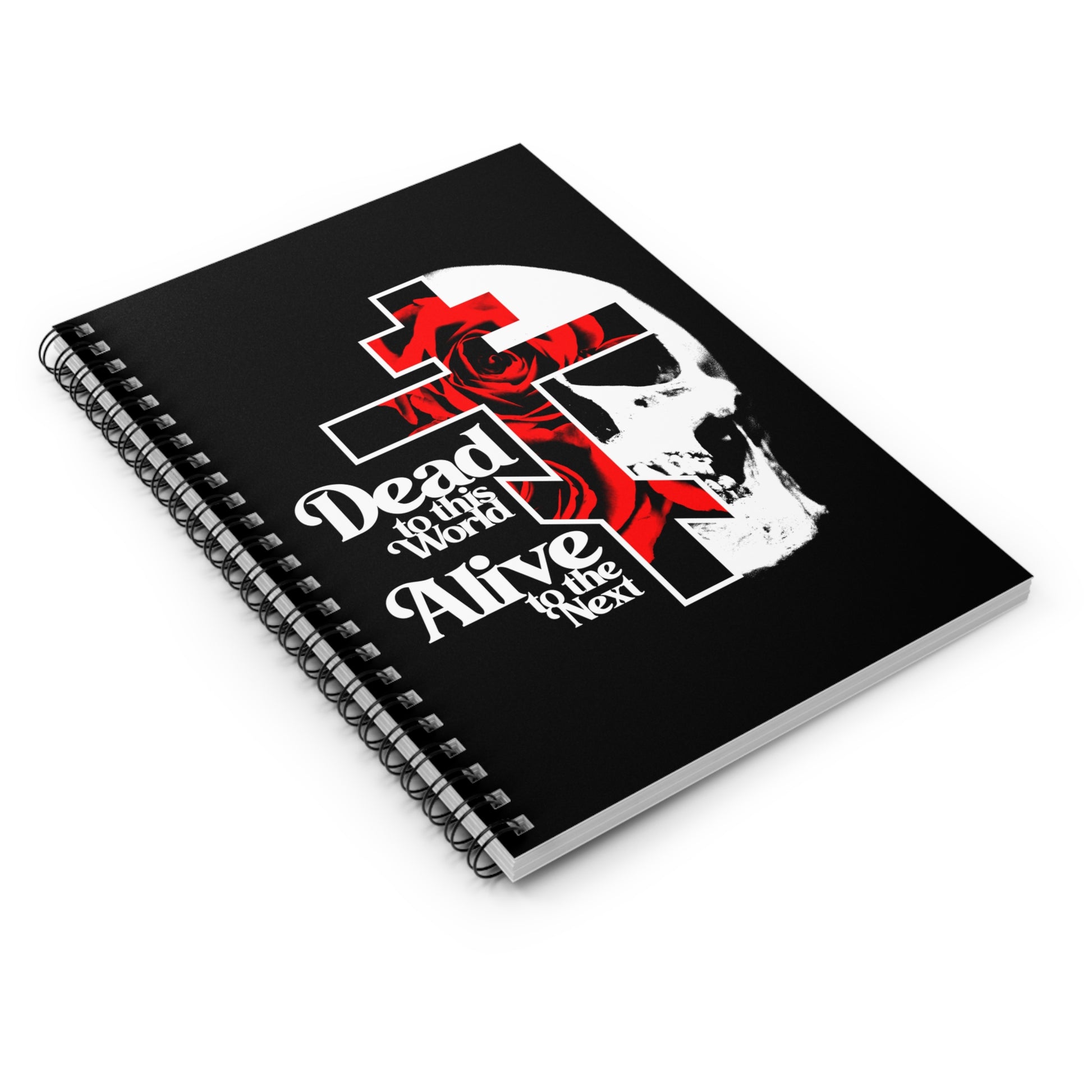 The "Dead to this World" Christian Spiral Notebook features a gothic flower cross & skull design in 70s typography, reflecting the bestselling theme of renunciation inspired by St. John Climacus.