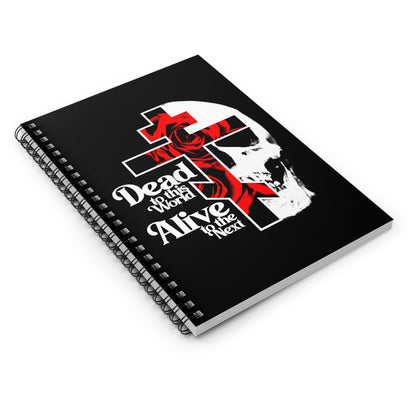 The "Dead to this World" Christian Spiral Notebook features a gothic flower cross & skull design in 70s typography, reflecting the bestselling theme of renunciation inspired by St. John Climacus.