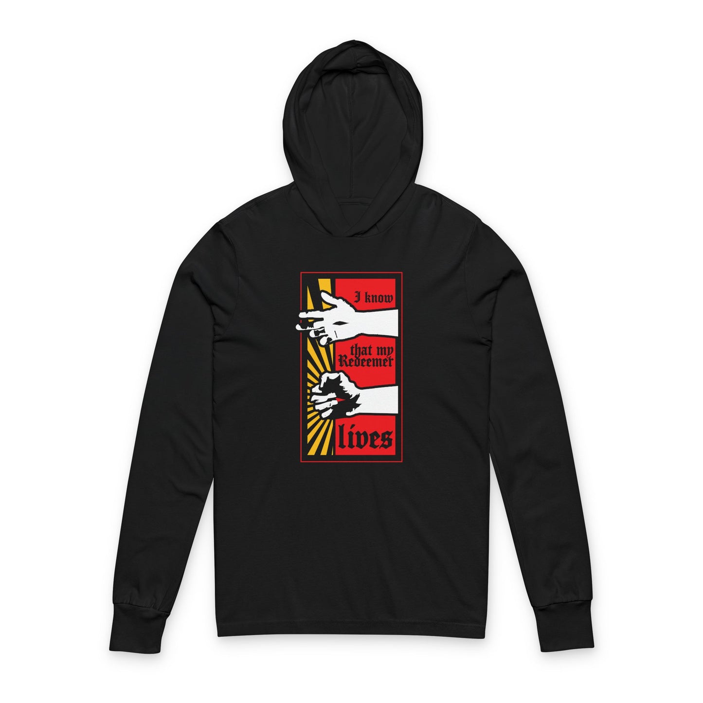 Black "I Know That My Redeemer Lives" hoodie features a comic book-style design of resurrected Jesus' fist with divine power, inspired by Job 19:25. Orthodox Christian hooded shirt.