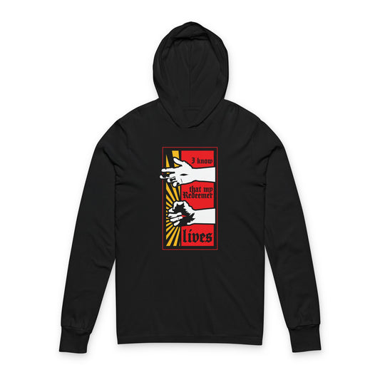 Black "I Know That My Redeemer Lives" hoodie features a comic book-style design of resurrected Jesus' fist with divine power, inspired by Job 19:25. Orthodox Christian hooded shirt.