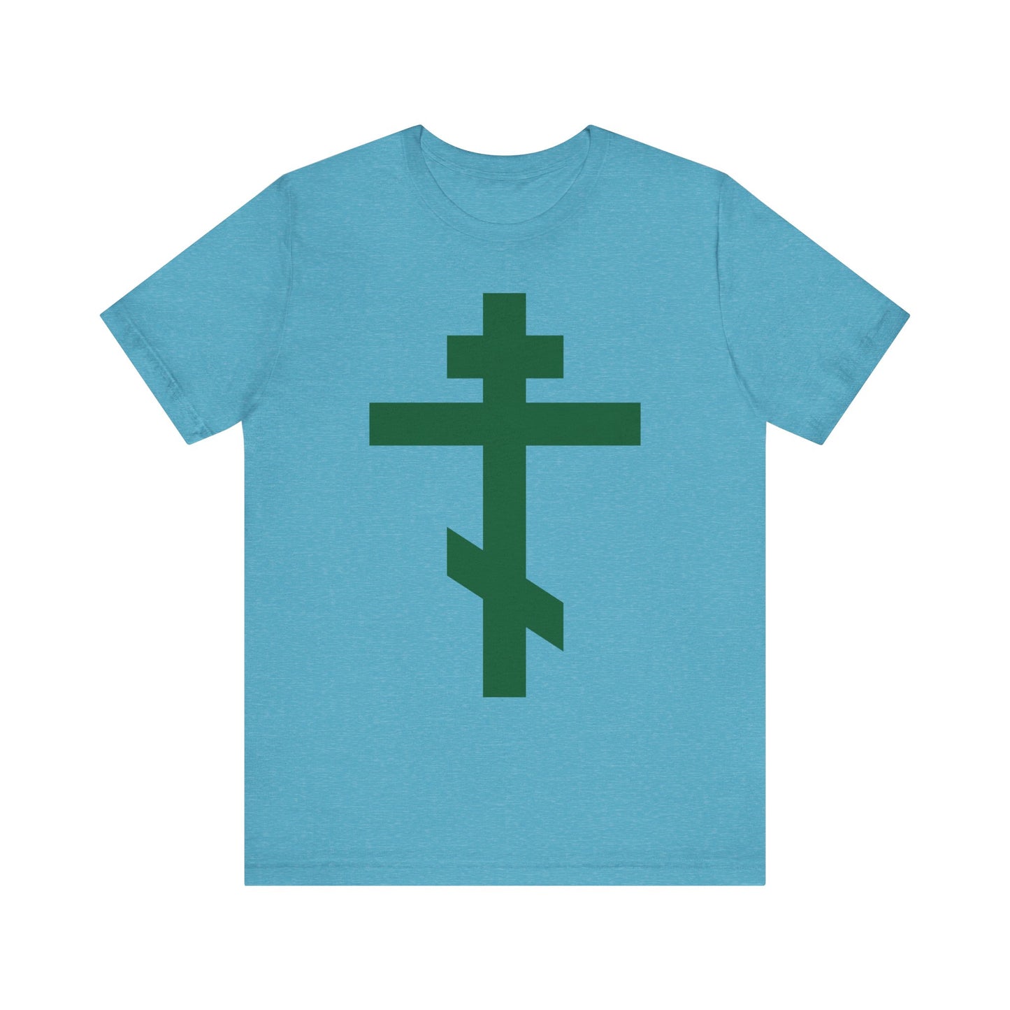 Heather Aqua tee featuring a large forest green Orthodox Tribar Cross on the front, inspired by Eastern tradition. "Preserve Thy People By Thy Cross, O Lord" and "Christ is King." Lightweight cotton unisex fit.