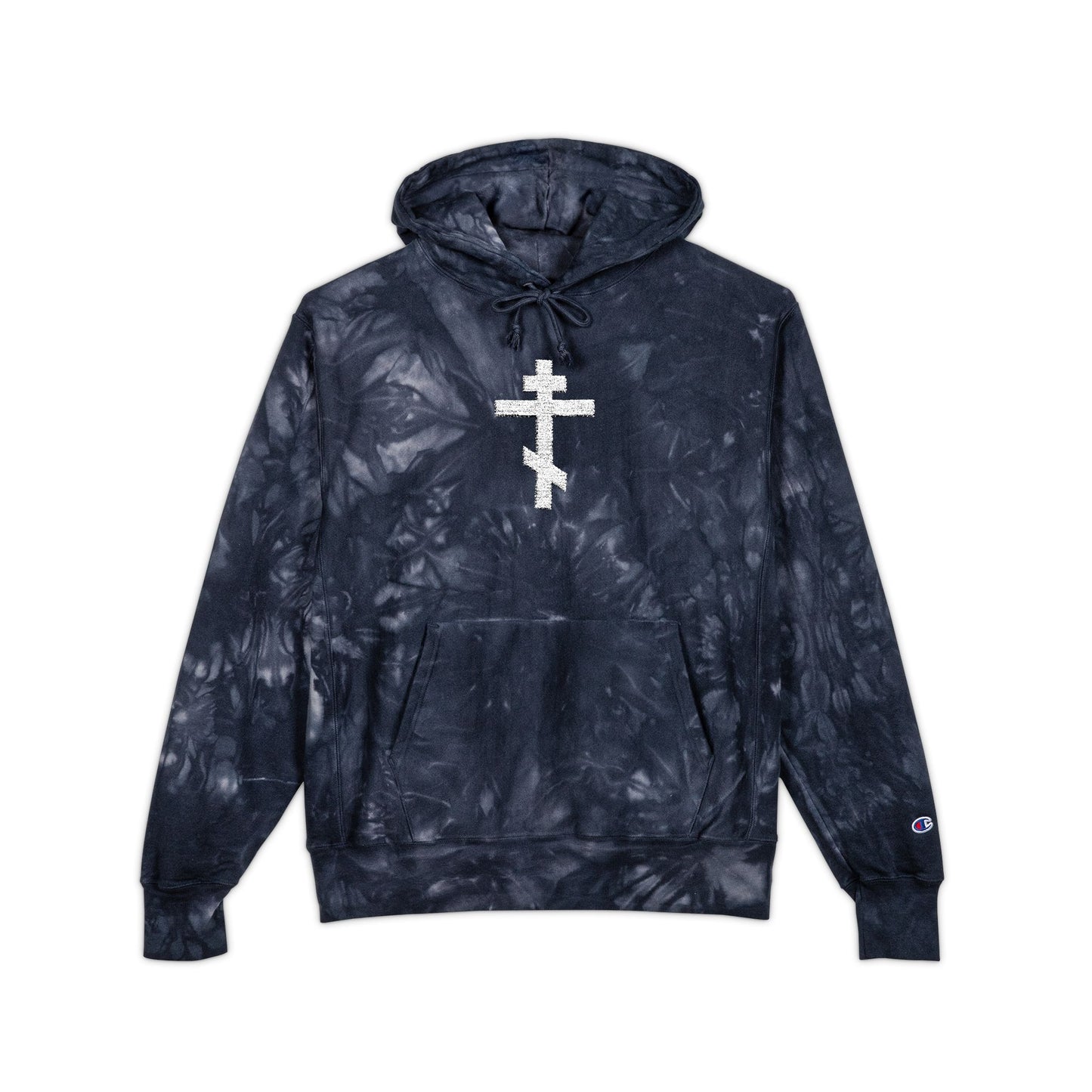 Navy tie-dye hoodie featuring an embroidered Orthodox tri-bar cross inspired by St. John of Kronstadt. "White Orthodox Cross | Unseen Warfare" heavy premium streetwear piece by Athletic Ascetic Christianity, shown on a white background.
