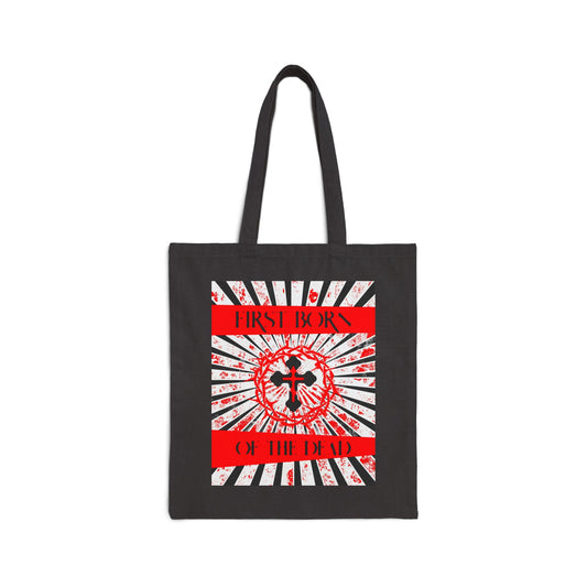 First Born of the Dead | Orthodox Cross and Crown of Thorns | Red White and Black Textured Design with Rays | Orthodox Christian Cotton Canvas Tote Bag