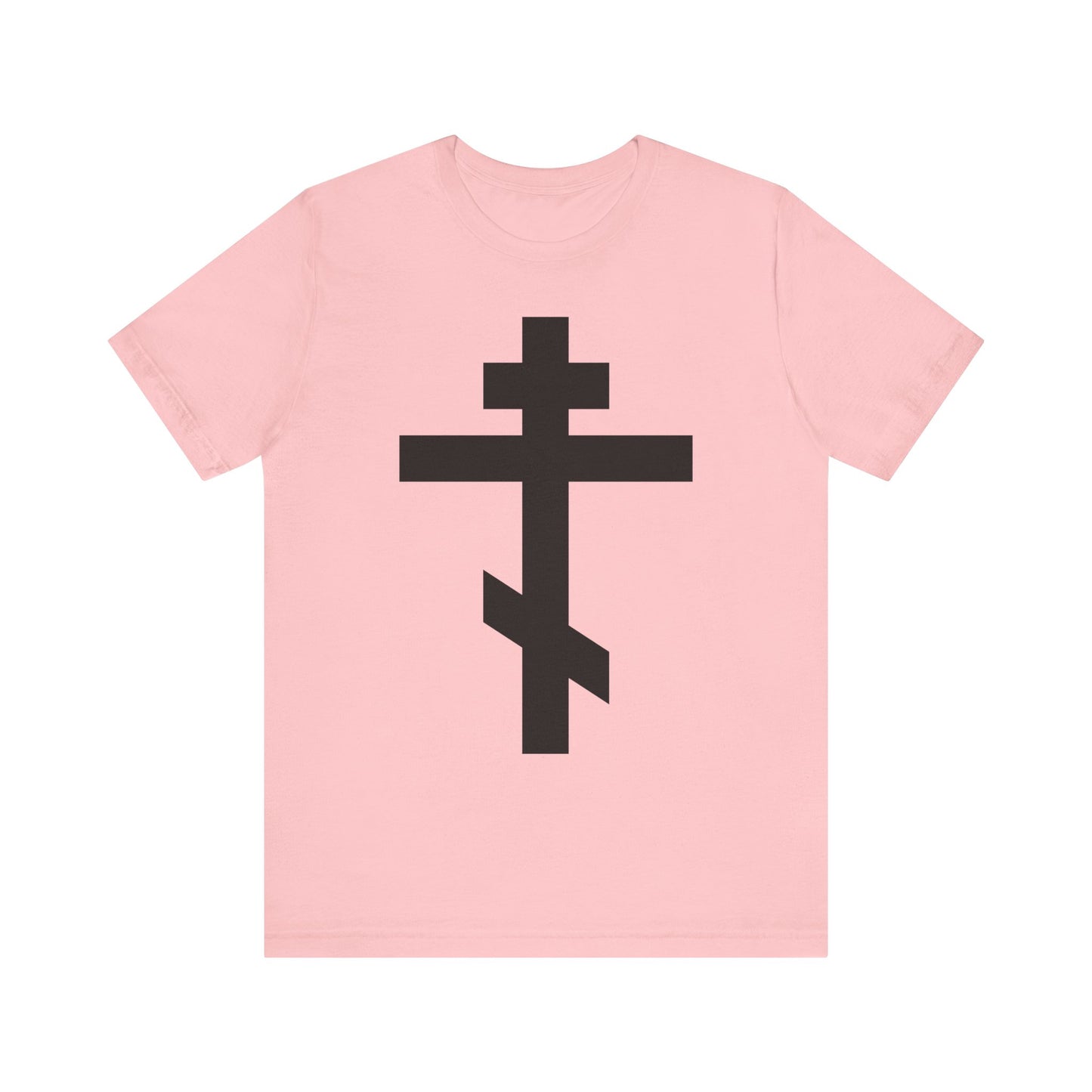 Pink Lightweight Cotton Unisex Tee featuring a large black Orthodox cross and the message "He bore our sins on the cross so that we might die to sin & live to righteousness.
