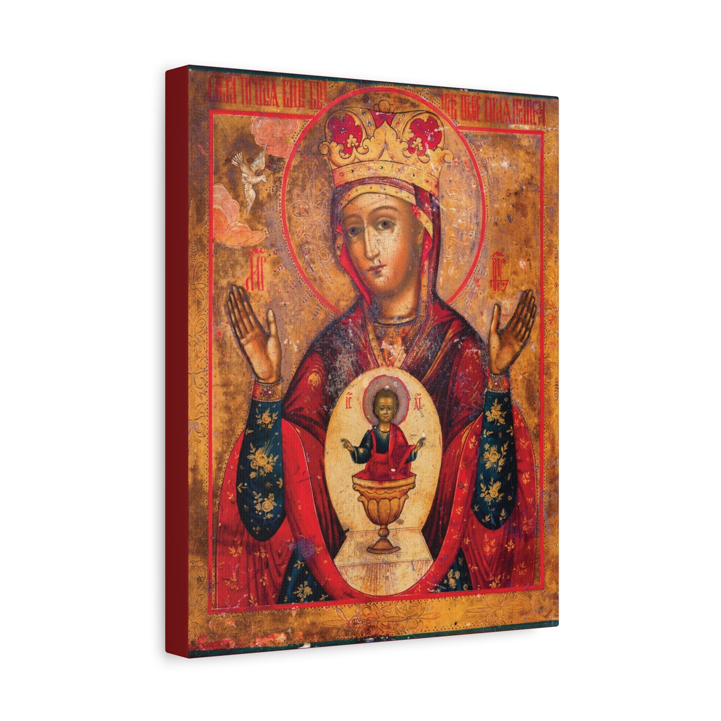This Mother of God of Nicaea Russian Orthodox Christian Icon, also known as Panagia or Theotokos Mary, features the Theotokos with raised hands and the child Jesus depicted in a chalice on her chest—symbolizing the Heavenly Bread—set against a striking red-gold background. This sacred canvas wall art makes a meaningful addition to any religious space.