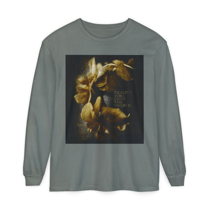 Grey long-sleeve "Beauty Will Save the World | Dostoevsky" shirt with original floral photographic artwork glorifying Jesus Christ, Universal Creator & King, and the phrase BEAUTY WILL SAVE THE WORLD on the front.