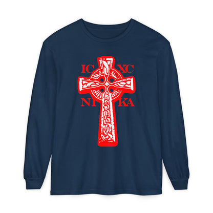 True Navy long sleeve featuring the ICXC NIKA Celtic Knotwork Cross in black and white on a red background, symbolizing "Jesus Christ Conquers." A traditional Orthodox Christian design expressing faith and salvation.