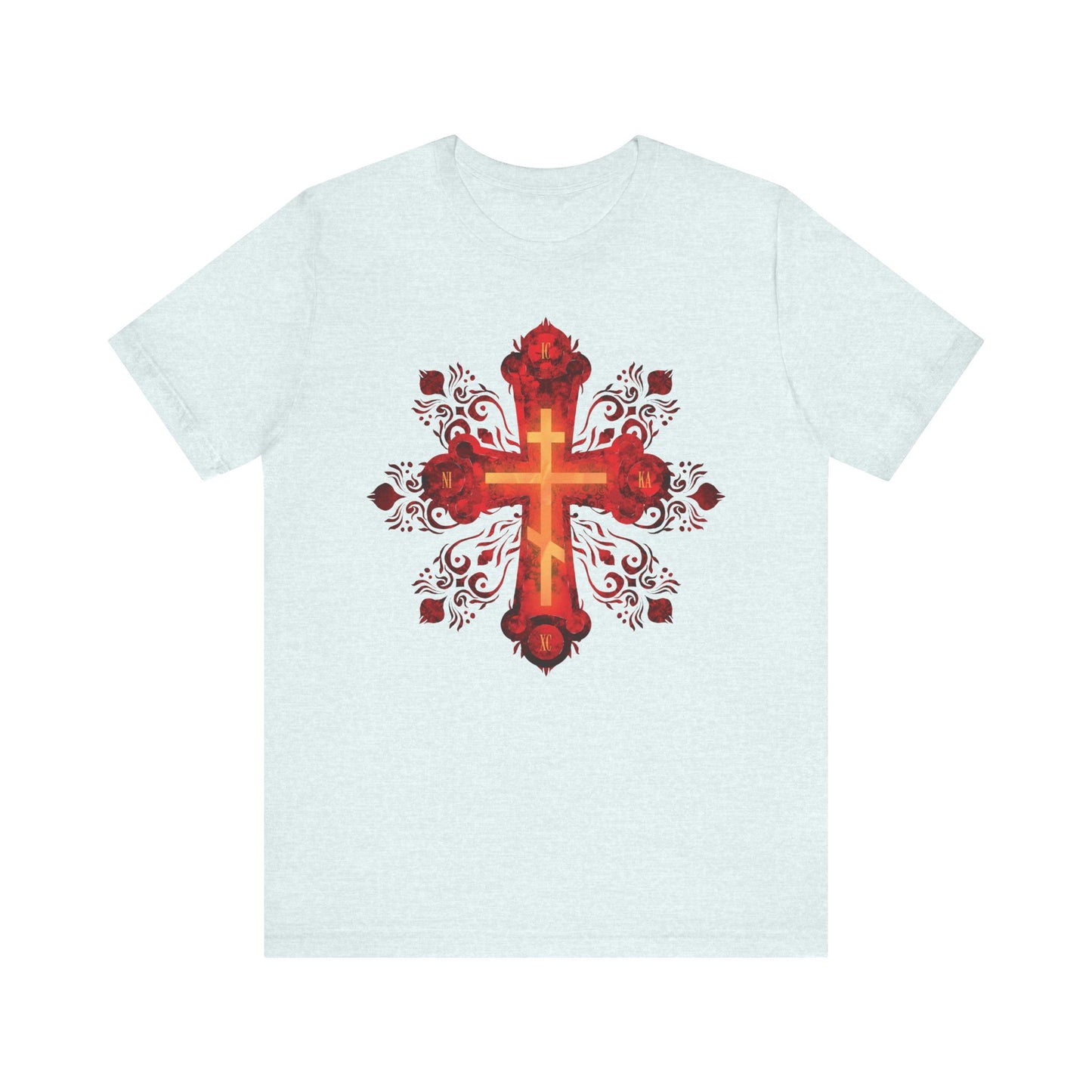 Heather Ice Blue unisex tee featuring a red and gold ornate Russian-style Orthodox cross with "He was pierced for our transgressions"—a lightweight cotton shirt inspired by Christian faith.
