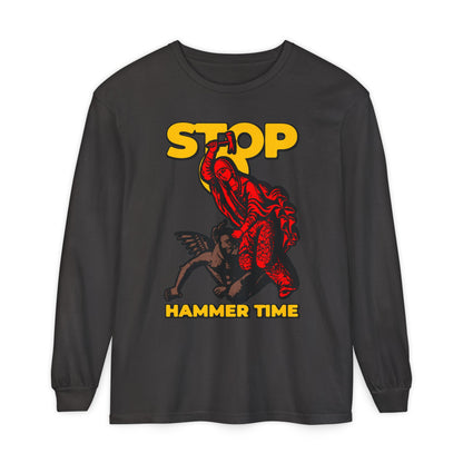 Black long-sleeve shirt featuring "Stop, Hammer Time" and a bold red creature, inspired by St Marina of Antioch beating the devil with a hammer. Fun modern Orthodox Christian meme in red, blue, and yellow.