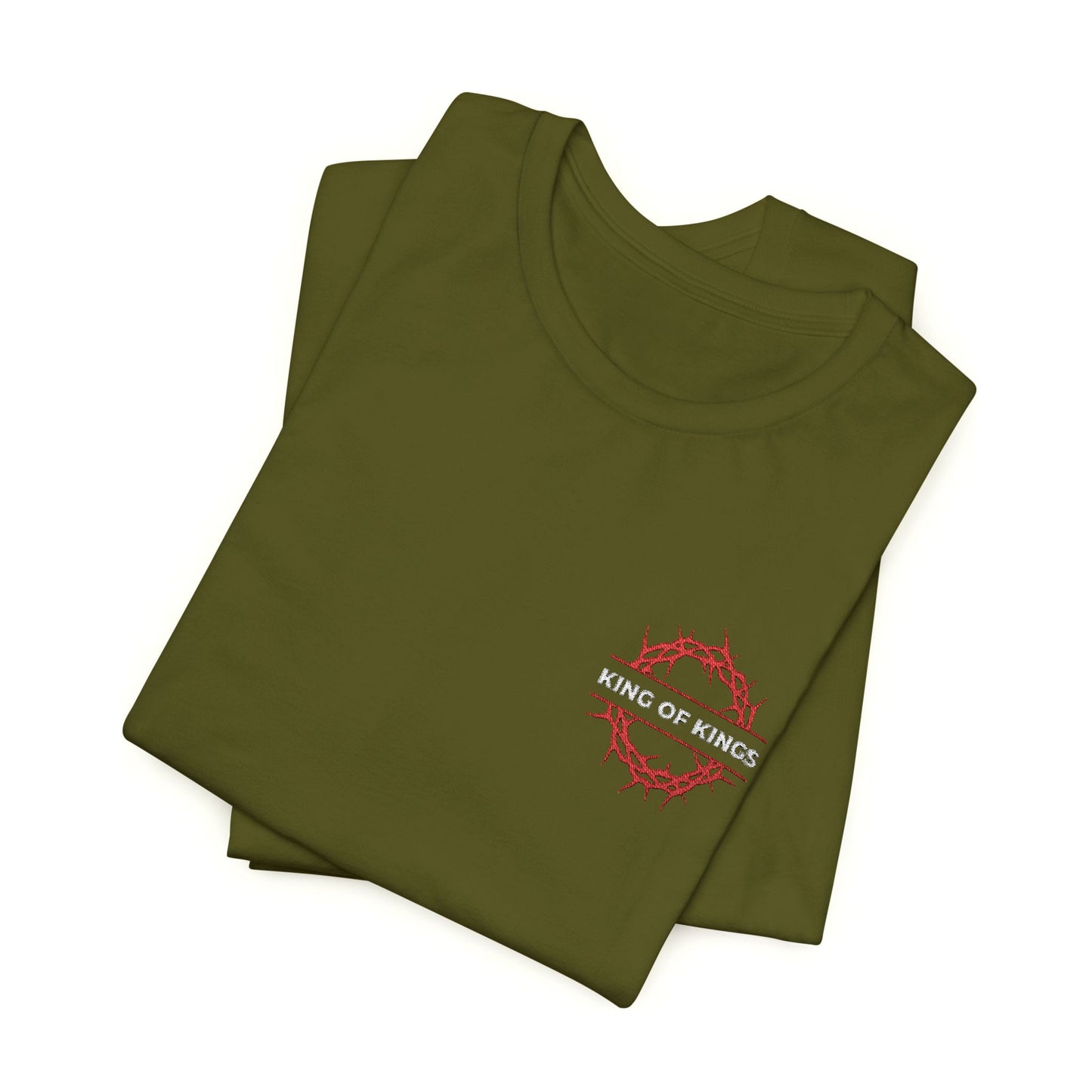 Olive green unisex embroidered tee featuring a red crown of thorns and “King of Kings” text, inspired by Revelation 19:16. “The King of Glory | Christ is King” Orthodox Christian cotton t-shirt.