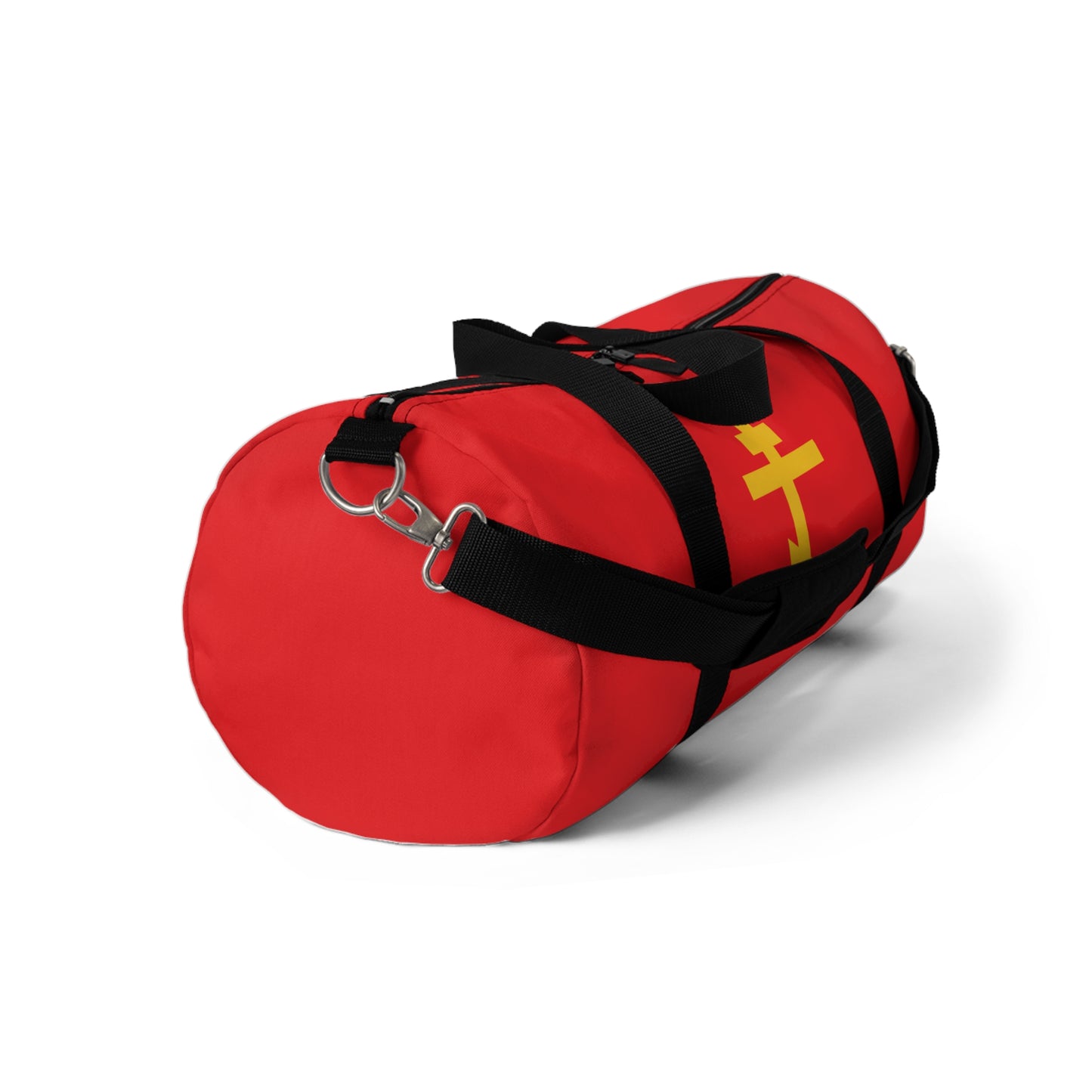 The Yellow Orthodox Cross Red Background Christian Gym Duffel Bag features black straps and a yellow cross symbol, inspired by the life-giving weapon of unseen warfare and reminding you that Christ lives in you (Galatians 2:20).