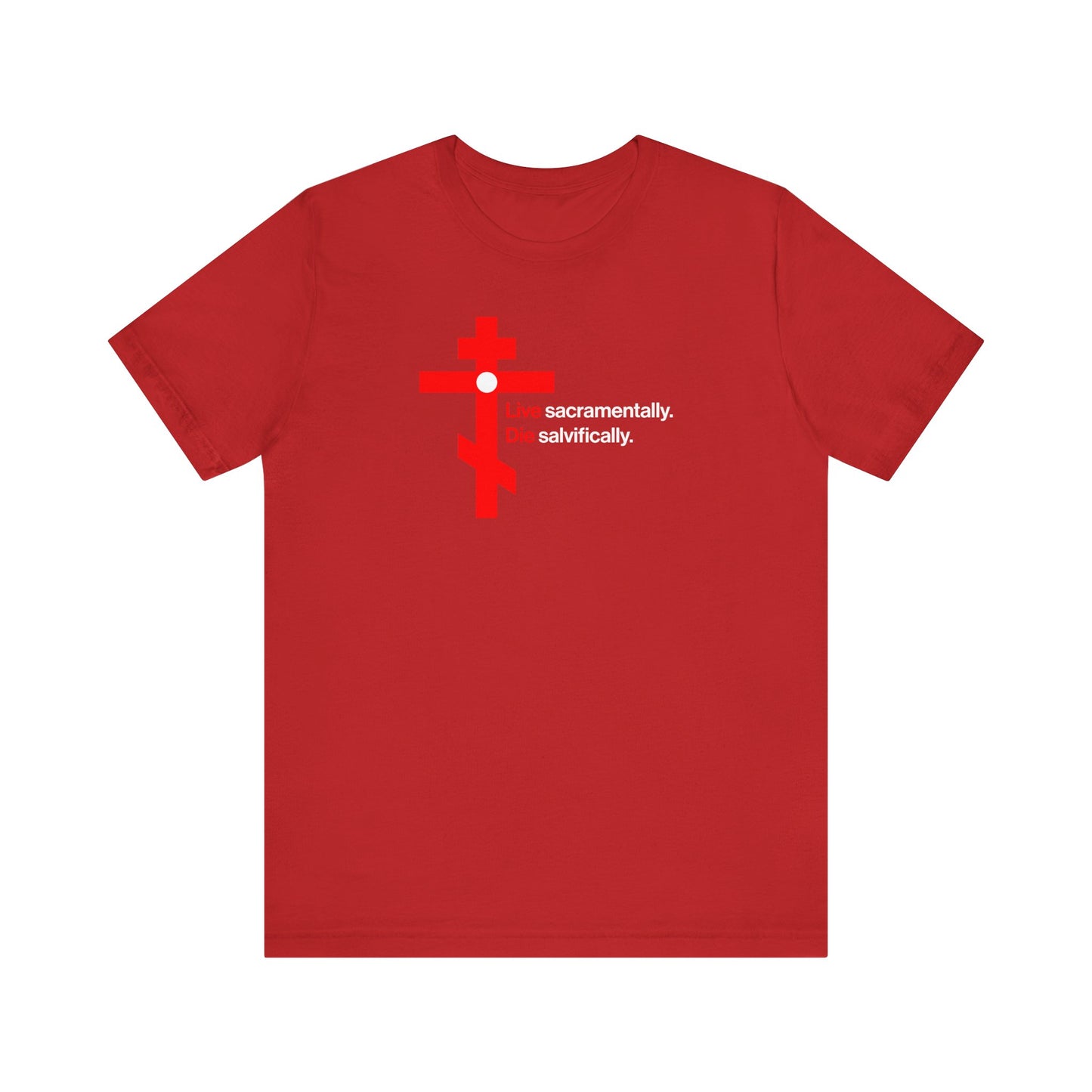 Red unisex cotton tee featuring a minimalist red Orthodox cross in a white circle and the words “Live Sacramentally, Die Salvifically”—inspired by St. John Climacus’s call to holy humility. Memento mori design.