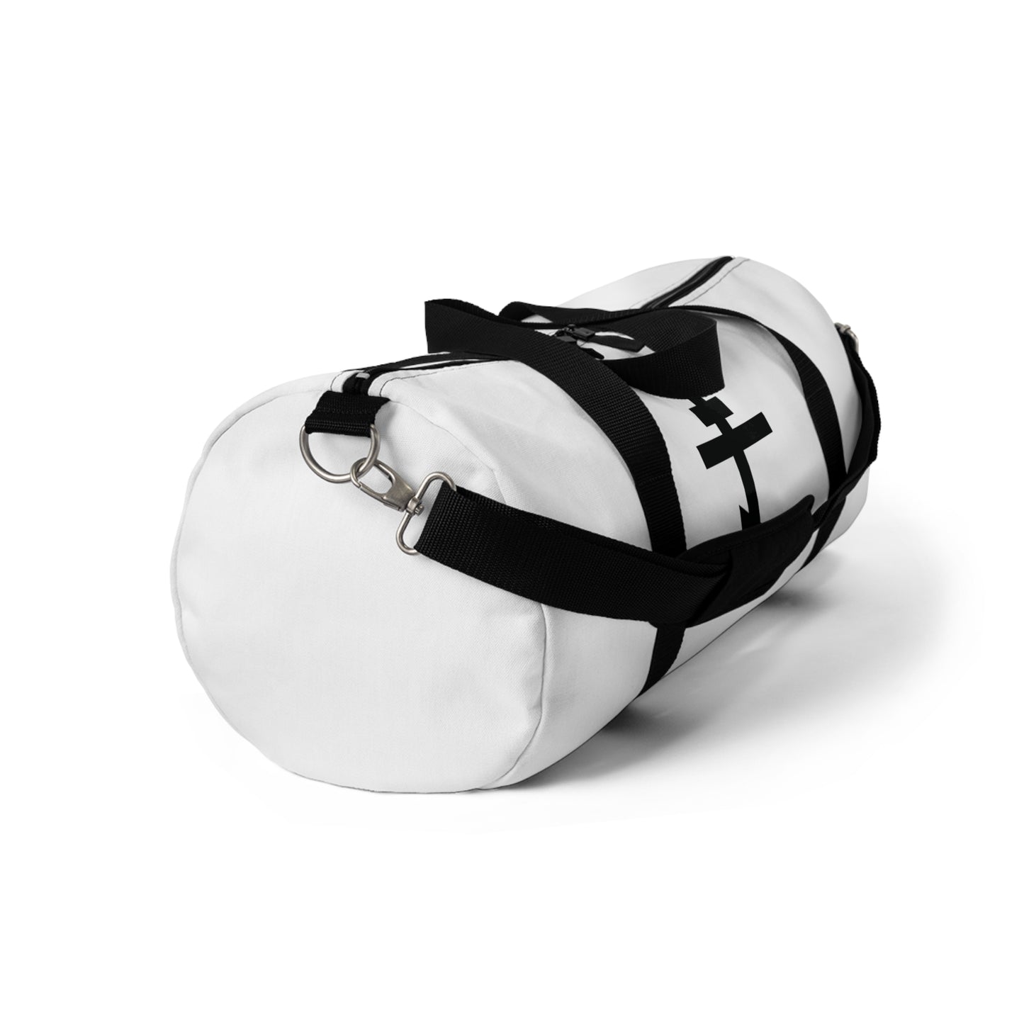 The Black Orthodox Cross Gym Duffel Bag features black straps and a cross design, with "May I never boast, except in the cross of our Lord Jesus Christ" (Gal 6:14), inspired by Orthodox Christian hymn motifs. Shown on a white background.