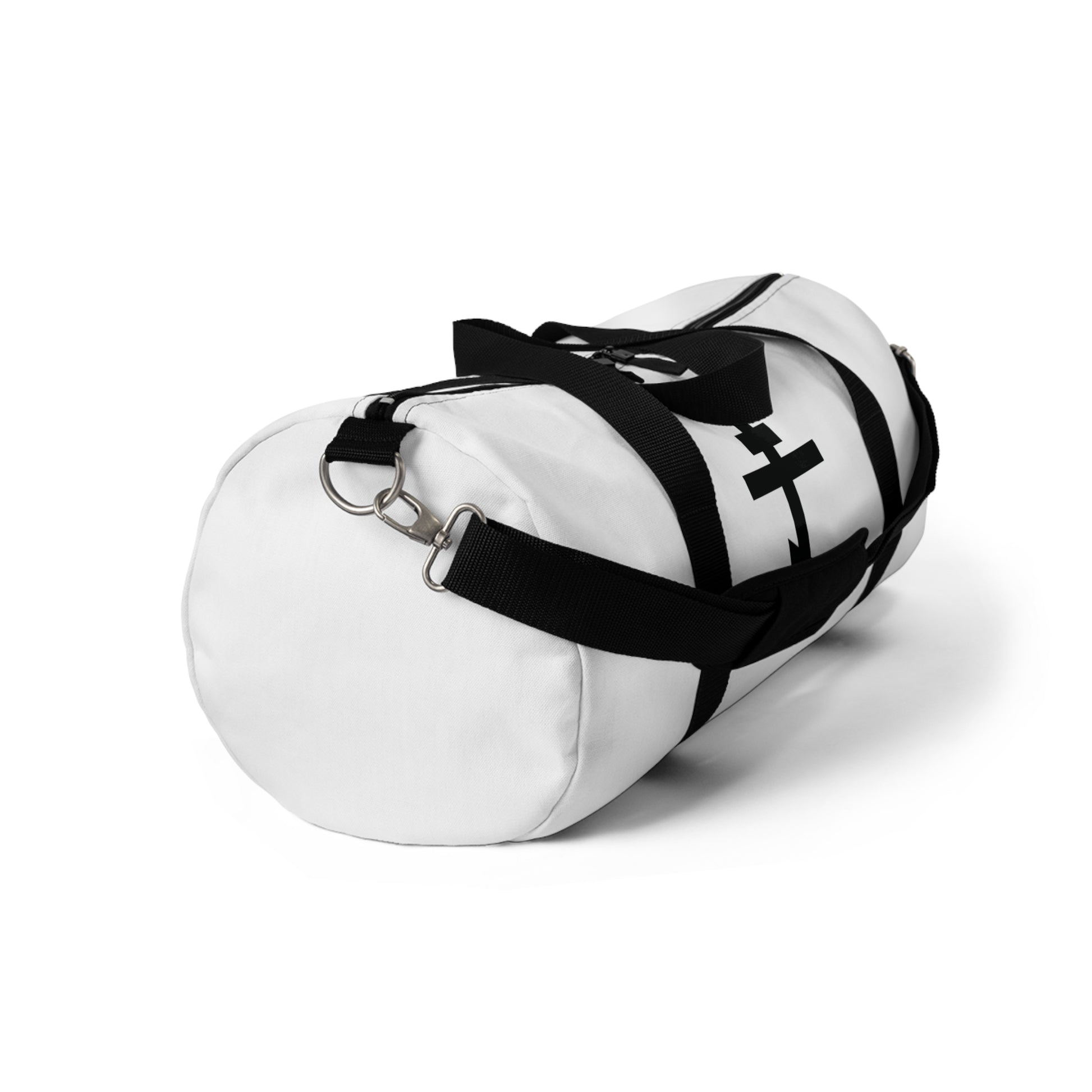 The Black Orthodox Cross Gym Duffel Bag features black straps and a cross design, with "May I never boast, except in the cross of our Lord Jesus Christ" (Gal 6:14), inspired by Orthodox Christian hymn motifs. Shown on a white background.