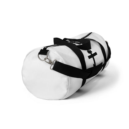 The Black Orthodox Cross Gym Duffel Bag features black straps and a cross design, with "May I never boast, except in the cross of our Lord Jesus Christ" (Gal 6:14), inspired by Orthodox Christian hymn motifs. Shown on a white background.