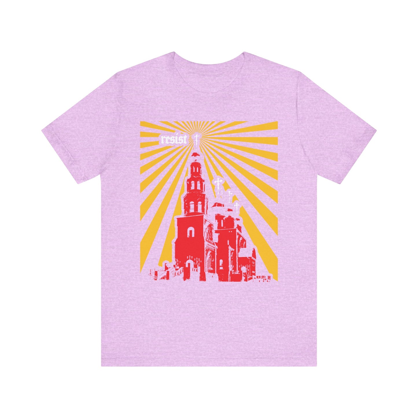 Heather Prism Lilac t-shirt featuring a bold design with a red church, yellow sun rays, and the word "resist" in white at the top left—an impactful graphic inspired by St Ignatius Brianchaninov’s warnings against the spirit of the age and modern apostasy. From our "Resist (Orthodoxy Against the World) | The Orthodox Church is a Beacon for the World" Christian lightweight cotton unisex tee collection.
