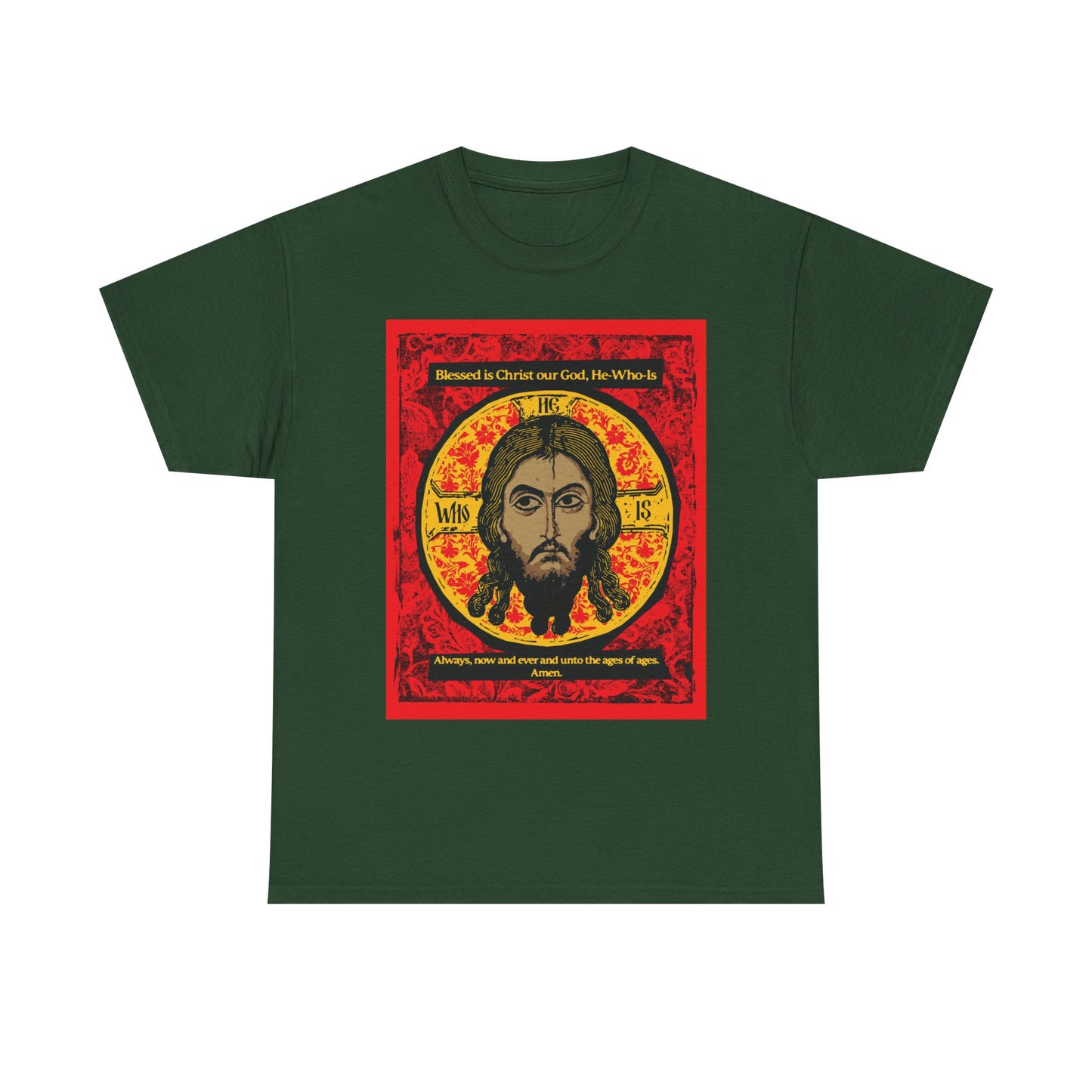 Forest green "Made Without Hands" T-shirt featuring a Jesus Christ Orthodox icon graphic with red and gold accents and hymn-inspired religious text. Heavy cotton, Mandylion/Image of Edessa design.