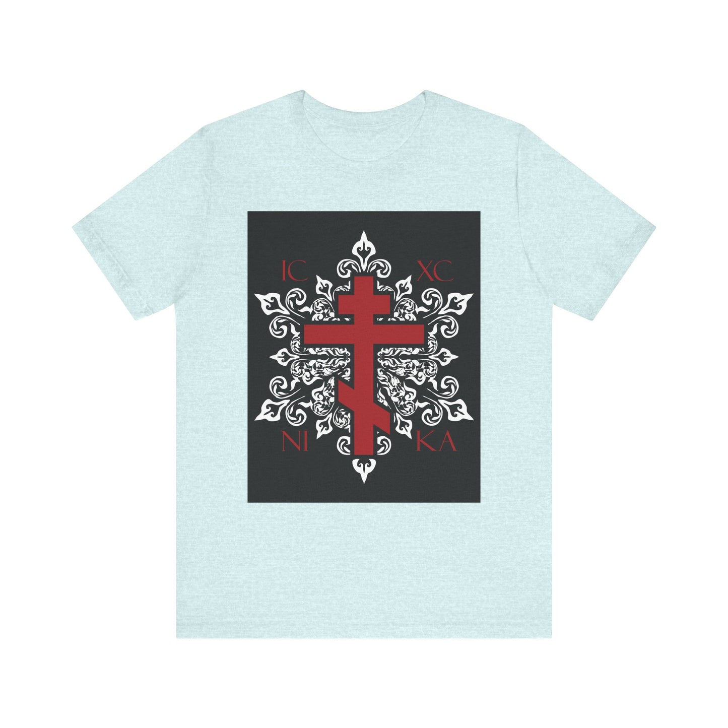 Heather Prism Ice Blue unisex tee featuring the red ICXC/NIKA Orthodox Cross on an ornate white medieval floral design—a best-selling lightweight cotton Christian t-shirt for any occasion.