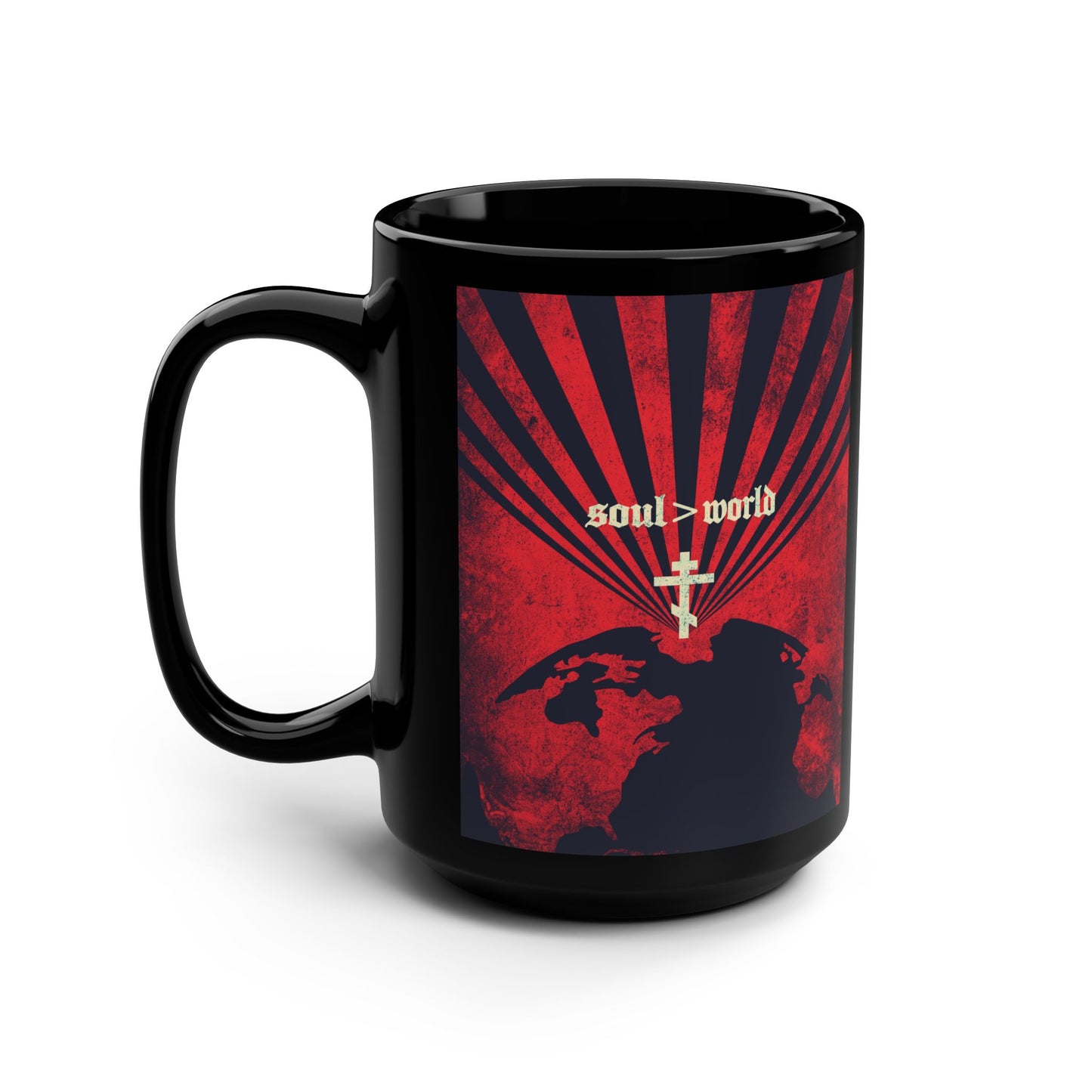 What Shall it Profit a Man | Matthew 16:26 | Soul Is Greater Than World | Red Earth White Cross | Orthodox Christian Black Mug