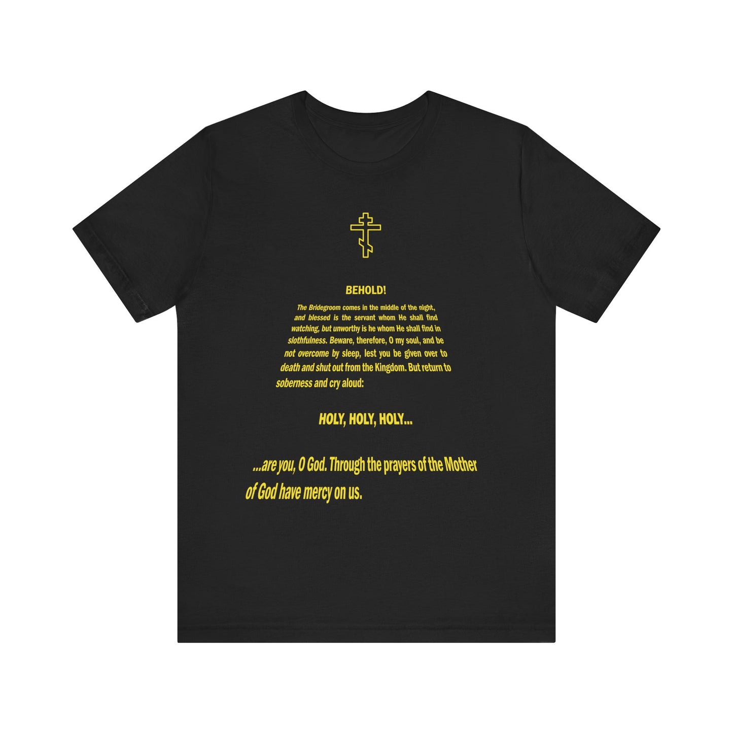 Black "Behold the Bridegroom" Orthodox Christian unisex tee features a St@r W@rs title crawl design inspired by Holy Week, with yellow text and a cross symbol on lightweight cotton.