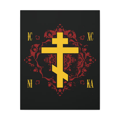 The ICXC NIKA Yellow Russian Cross on an ornate red background features "Jesus Christ Conquers" in Greek letters, symbolizing Orthodox Christian faith in a striking canvas art design.
