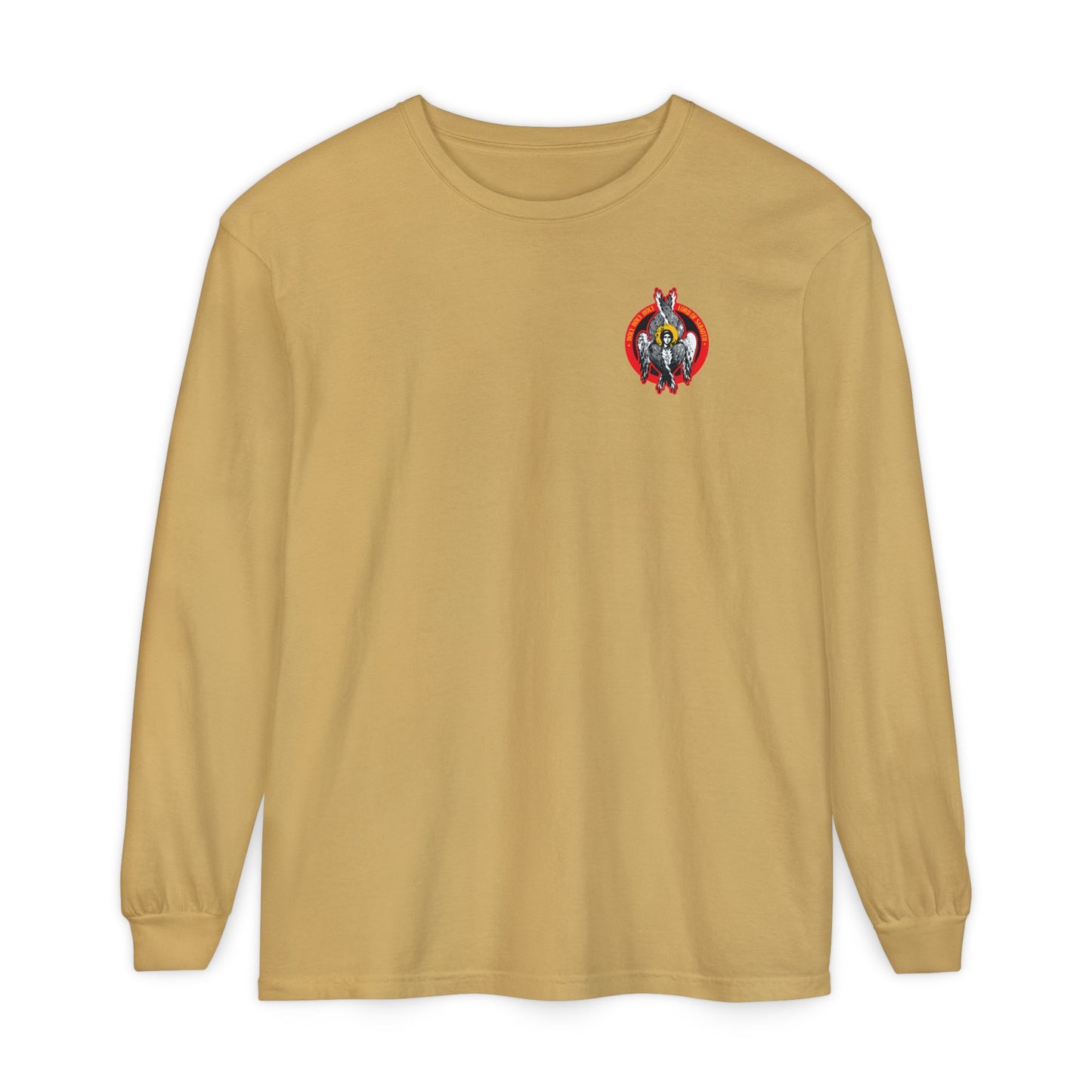 Mustard long-sleeve cotton shirt featuring a small Holy Holy Holy Seraphim Angel icono-graphic on the upper left chest, inspired by the Heavenly Hosts of God and Divine Council.