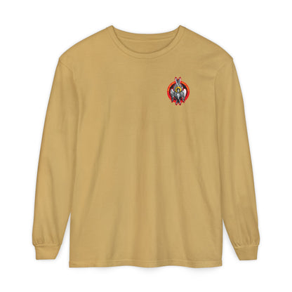 Mustard long-sleeve cotton shirt featuring a small Holy Holy Holy Seraphim Angel icono-graphic on the upper left chest, inspired by the Heavenly Hosts of God and Divine Council.