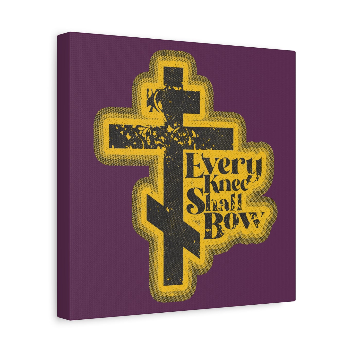 Every Knee Shall Bow Christian wall art features a stylized Orthodox cross and Philippians 2:10-11 in a 70s distressed halftone comic book aesthetic, inspired by Isaiah 45:23, on a purple background.