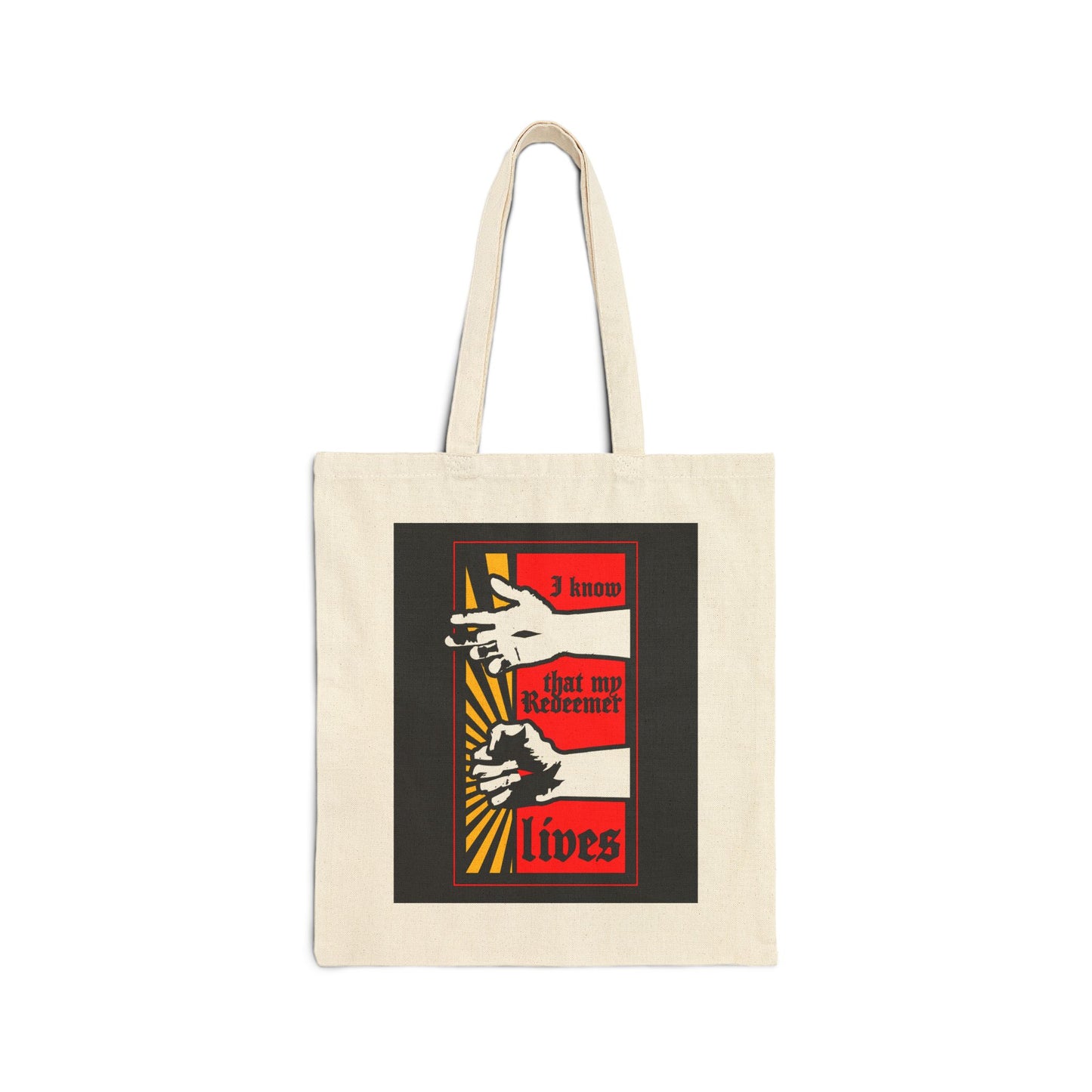 Natural tote bag featuring a comic book style design of the resurrected Jesus' fist with divine power and the text "I Know That My Redeemer Lives" (Job 19:25). Orthodox Christian-inspired.
